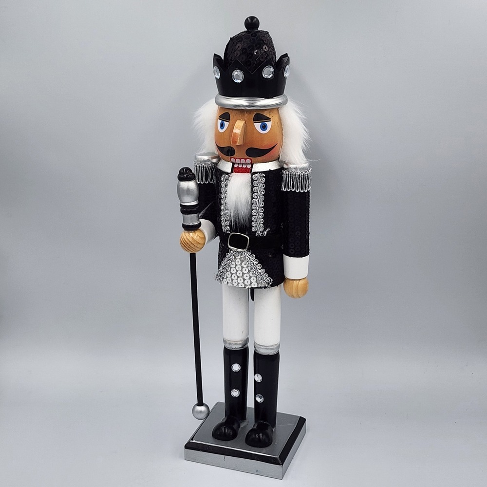 Black Silver King Guard Nutcracker Christmas Sequin Crown Wooden 15" Holiday - Picture 7 of 7